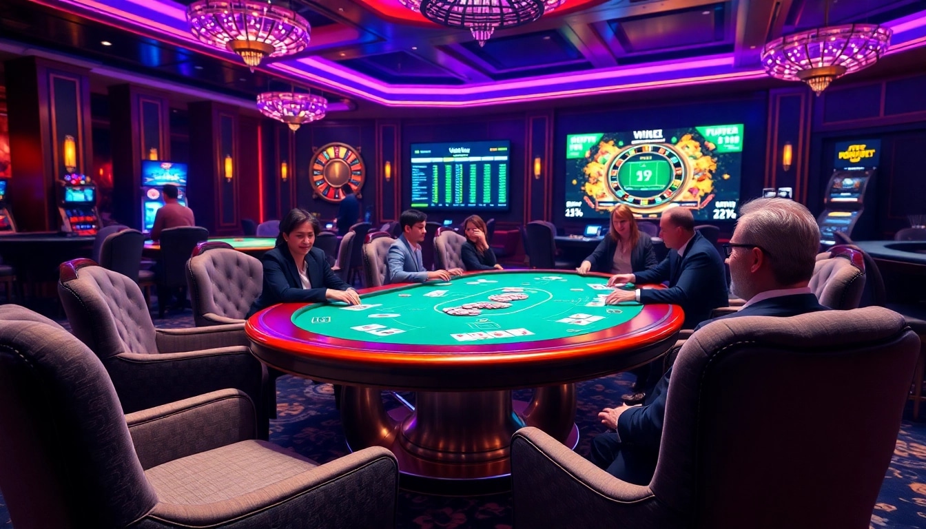 Players enjoying poker at an i9bet casino table with vibrant decor and gambling excitement.