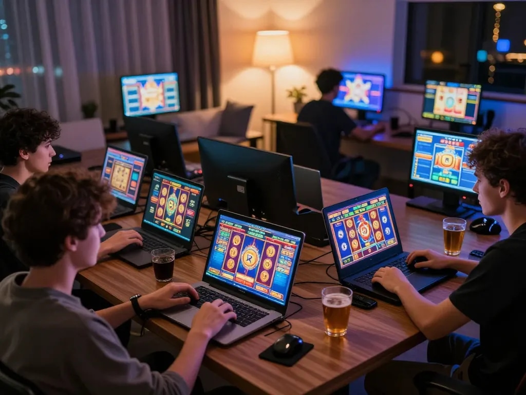 Players engaging in interactive slot 5k gameplay on their devices, showcasing excitement and social gaming atmosphere.