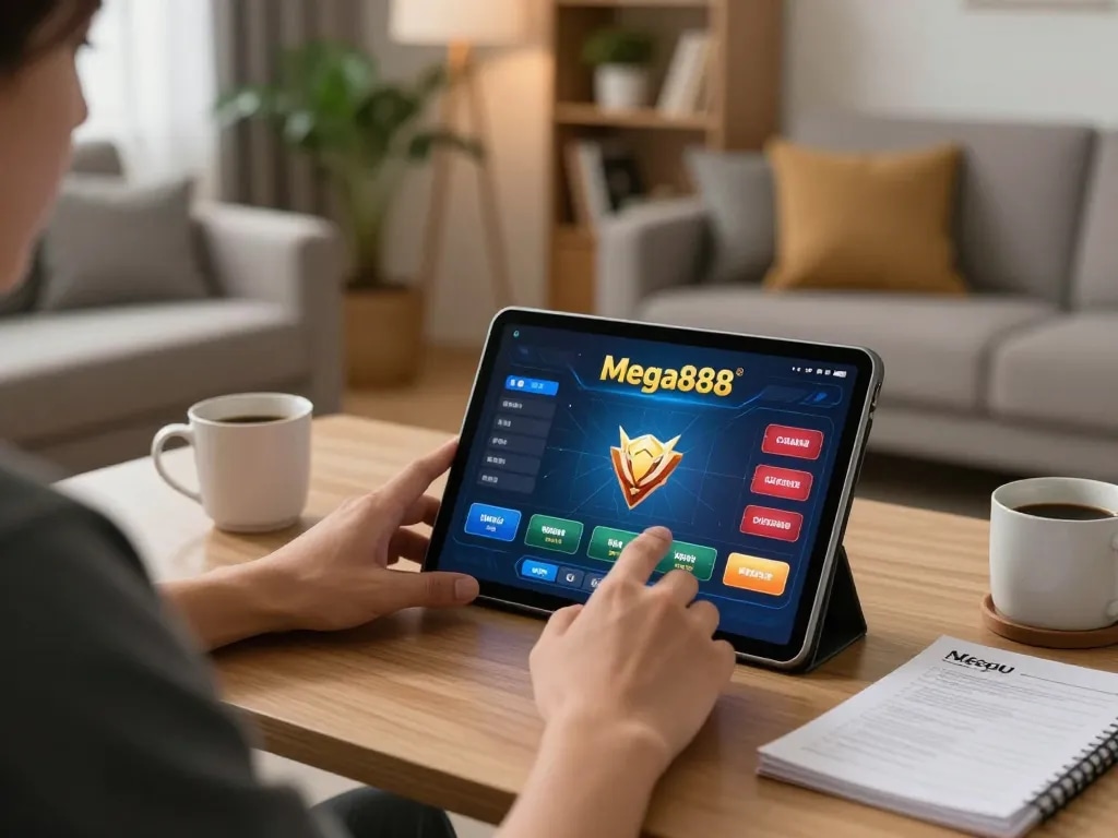 Mega888 mobile gaming experience in a cozy home setting, focusing on strategic gameplay.