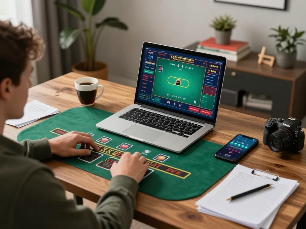 Engaged player participating in live blackjack on 789winh, showcasing a cozy online casino setup.
