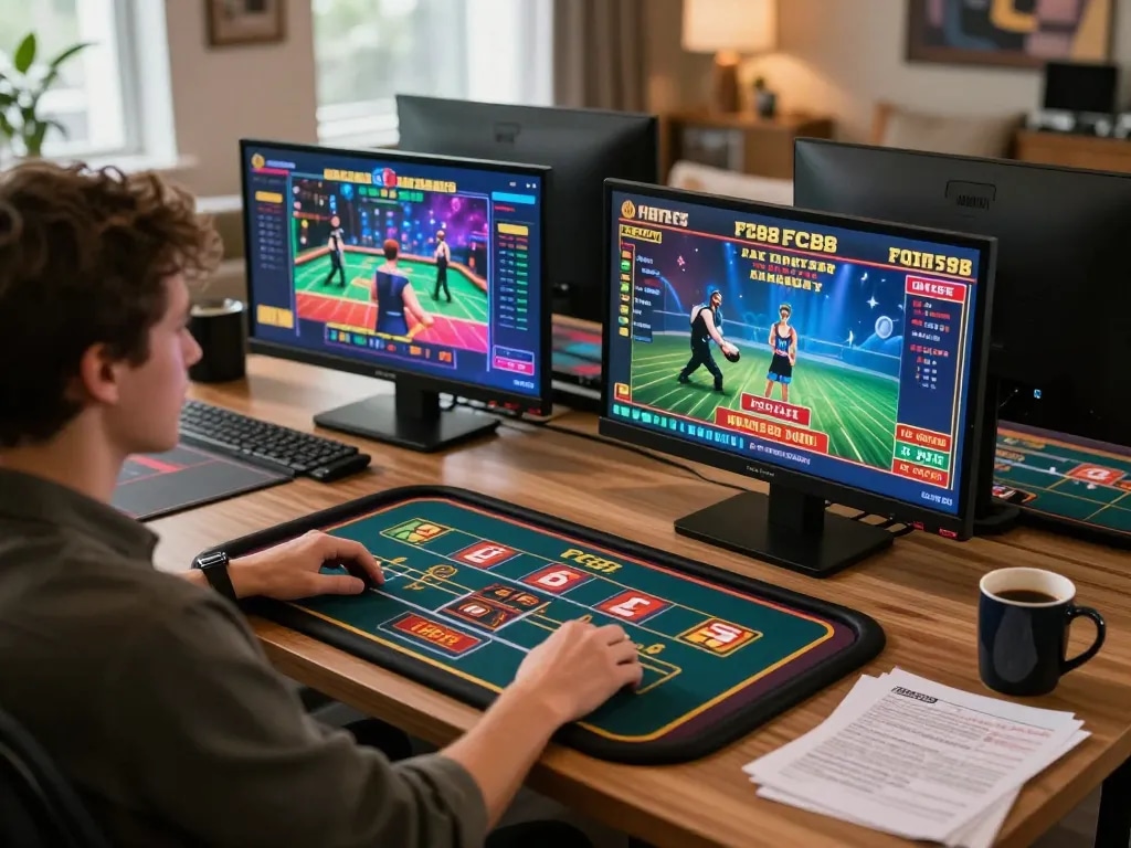 Engaging with FC88 online casino on multiple screens, showcasing strategic gaming.