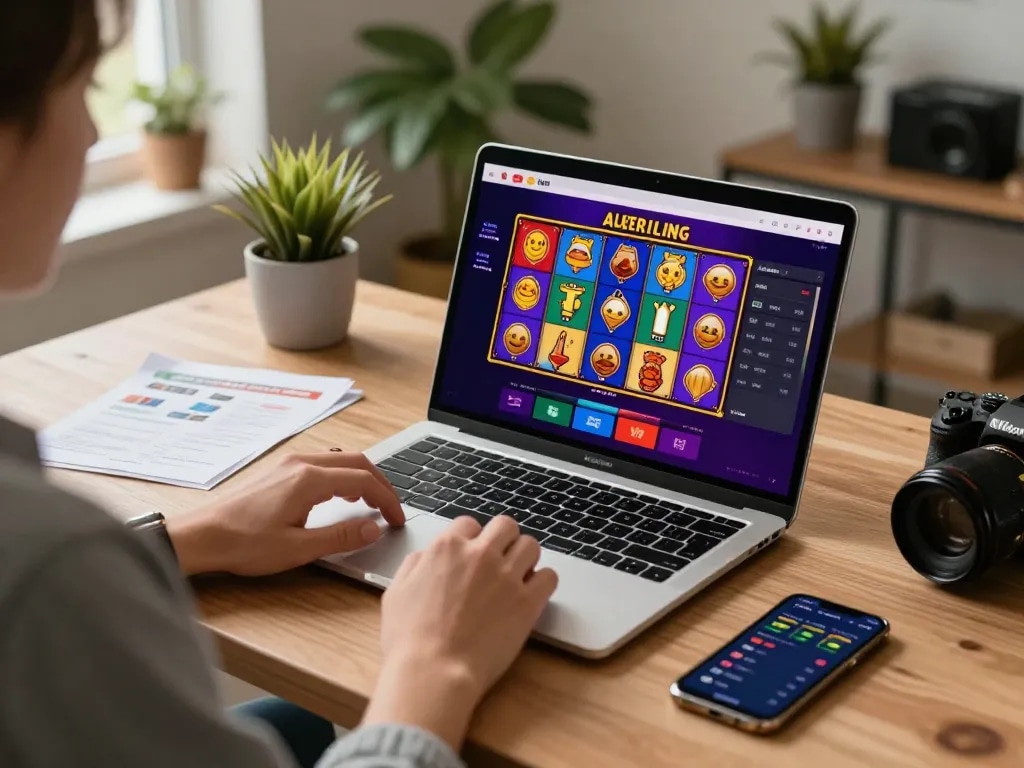Engaging gameplay on a 45678 casino platform showcasing colorful online slots on a laptop screen.