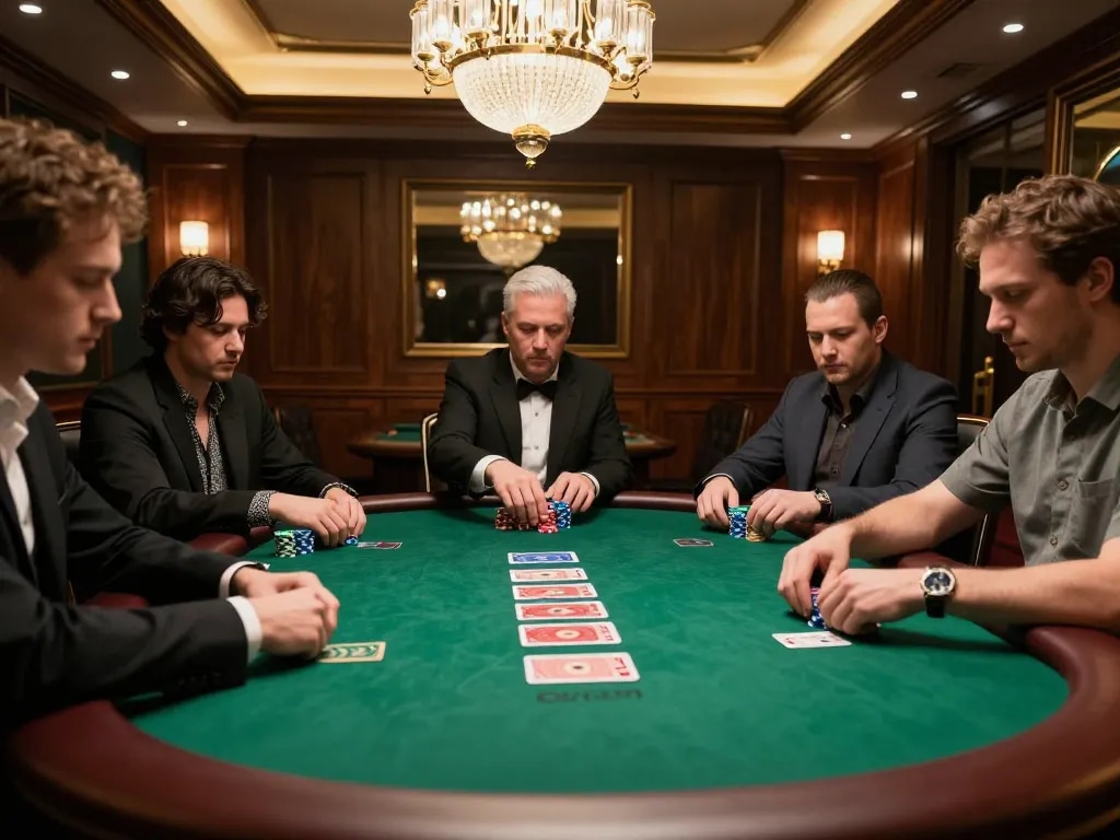 Permainan poker KENZO123 di ruang VIP mewah dengan aksi taruhan tinggi.