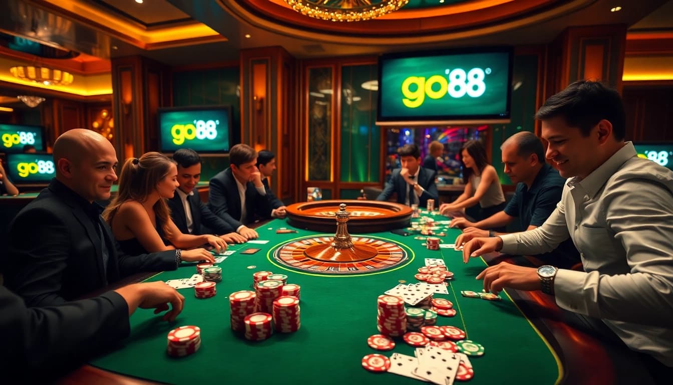 Players enjoy table games at go88 casino, showcasing excitement and engagement.