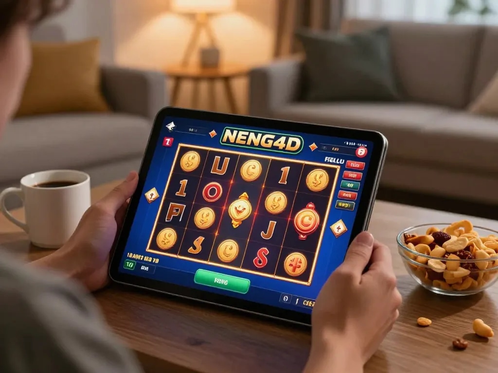Engaging with NENG4D online slots on a tablet in a cozy home environment, showcasing vibrant game interface and strategic gameplay.