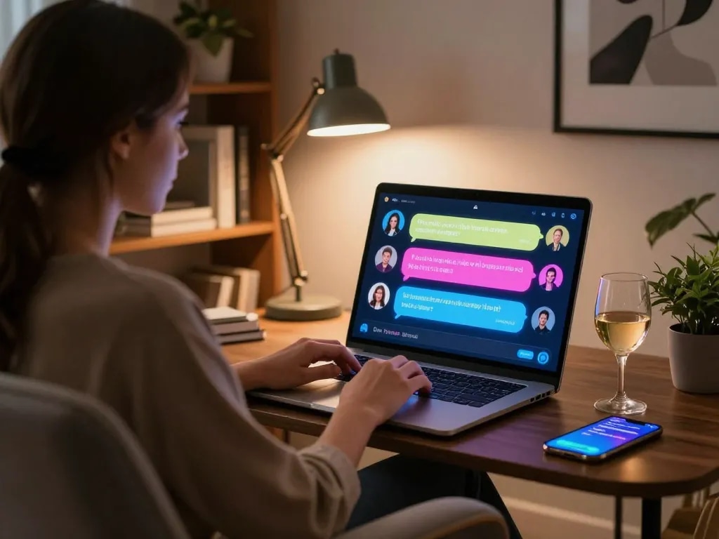 Engaging porn AI chat scene in a cozy modern home office with vibrant chat interface and stylish decor.
