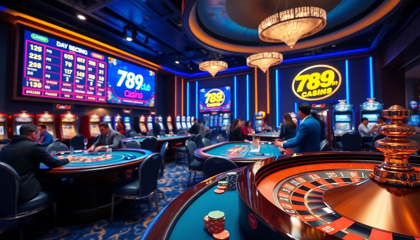 Players enjoying thrilling games at 789club's upscale casino, showcasing excitement and luxury.