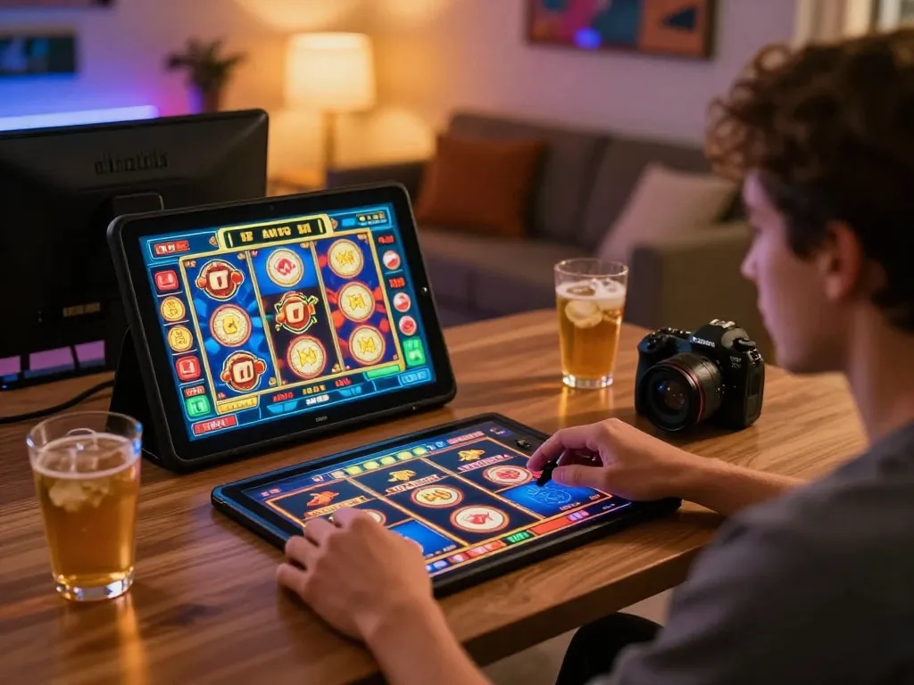 Person enjoying online gambling at home using tablet on https://mk8th.net/ with cozy atmosphere and engaging games.
