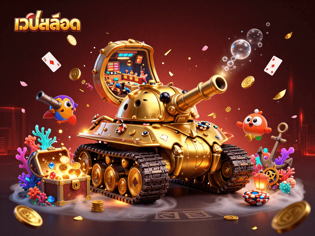 Experience เว็บสล็อต thrilling play with a golden beetle tank revealing a vibrant casino scene.