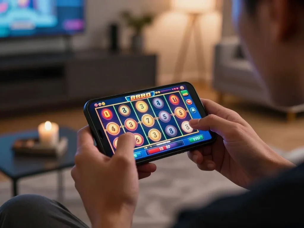 Engaging in a spin on slot88 via smartphone in a cozy home setting, showcasing modern gaming.