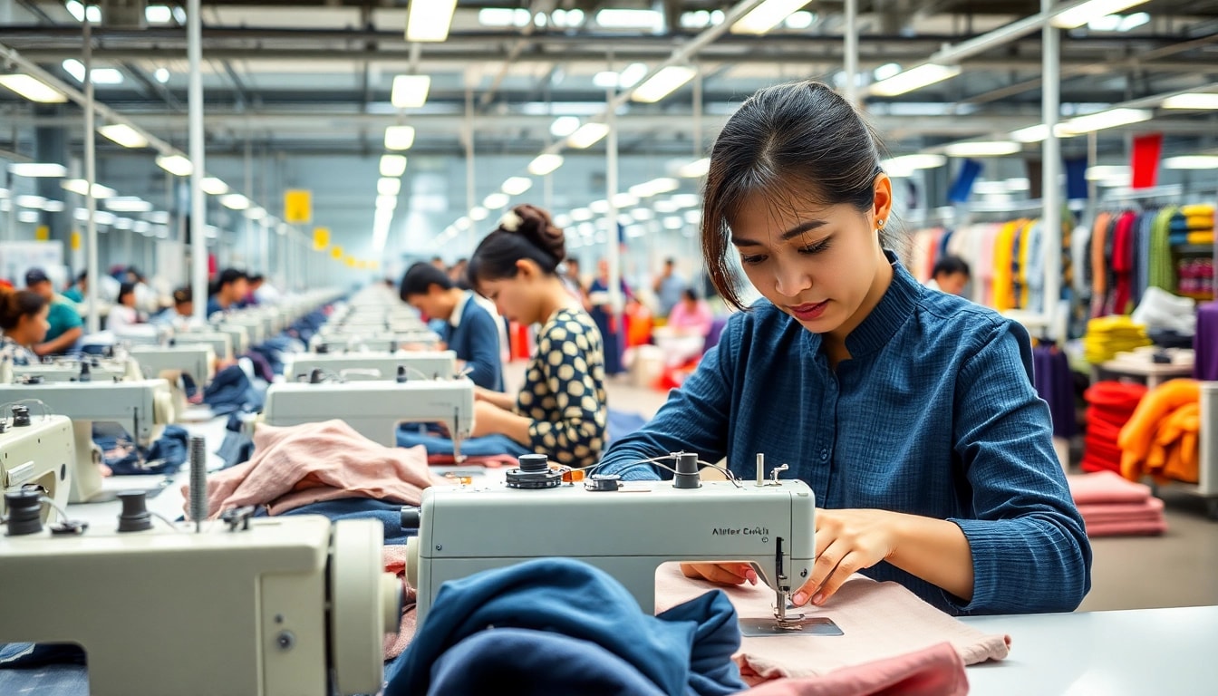 Workers producing high-quality garments showcasing apparel manufacturers in China.