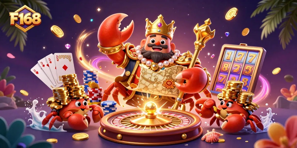 Experience the thrill of F168 with our golden crab emperor and joyous treasures at play.
