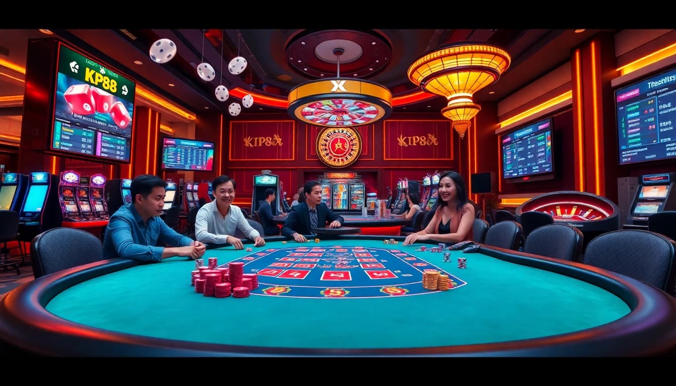 Dynamic gameplay at KP88 casino with poker chips, players enjoying a vibrant atmosphere.