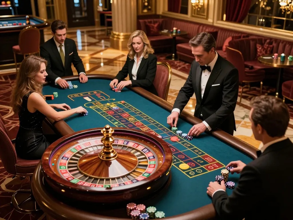 Rasakan kegembiraan KING55 saat pemain terlibat di meja roulette mewah, permainan dinamis di kasino yang penuh warna.