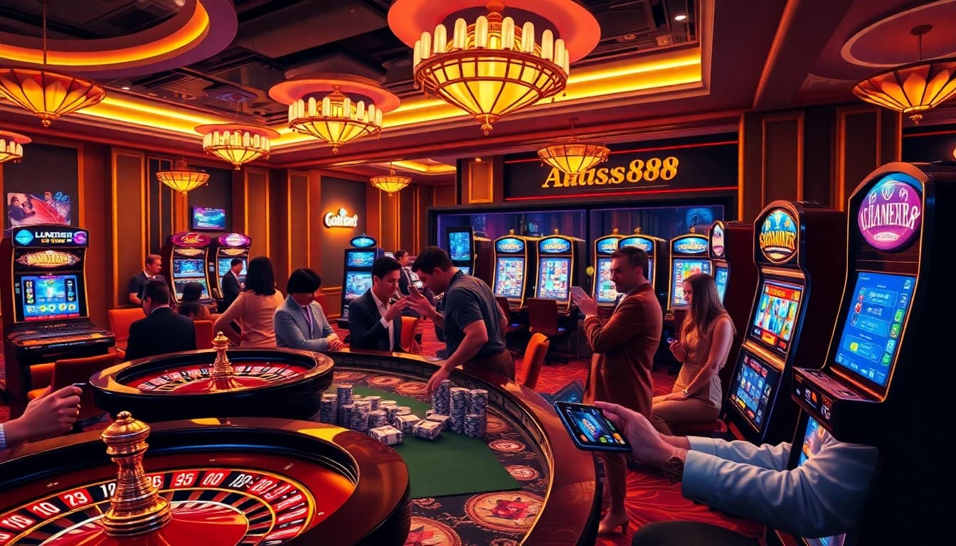 Kiss888 platform illustrating players enjoying games with vibrant casino visuals and mobile devices.