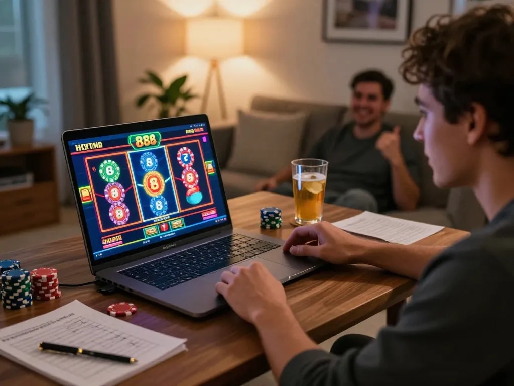 Playing slot88 on a laptop at home, cozy atmosphere enhancing online gambling experience.
