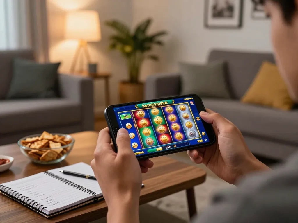 Player engaging in kerajaanslot mobile gaming at home with exciting slots interface visible.
