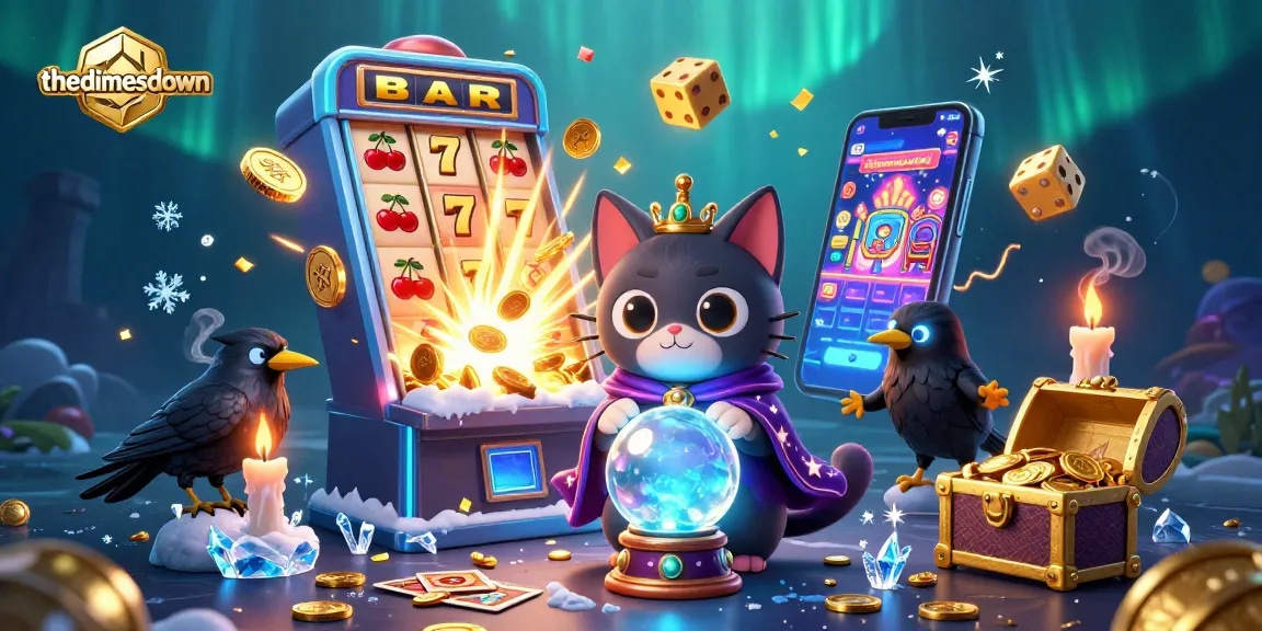 Experience thrill and fortune at threedimesdown with a vibrant 3D casino scene featuring fortune teller cat and jackpot explosions.