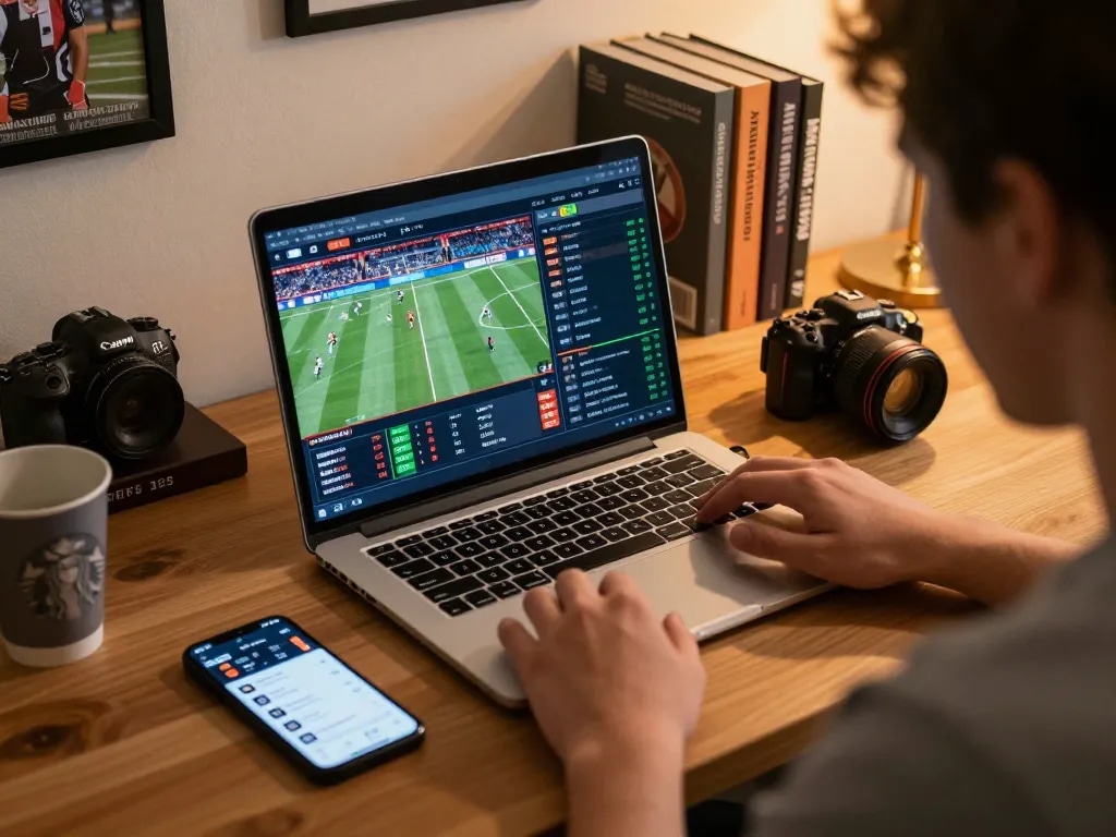 Soi kèo analysis on laptop while betting on live sports in a cozy home office setting.