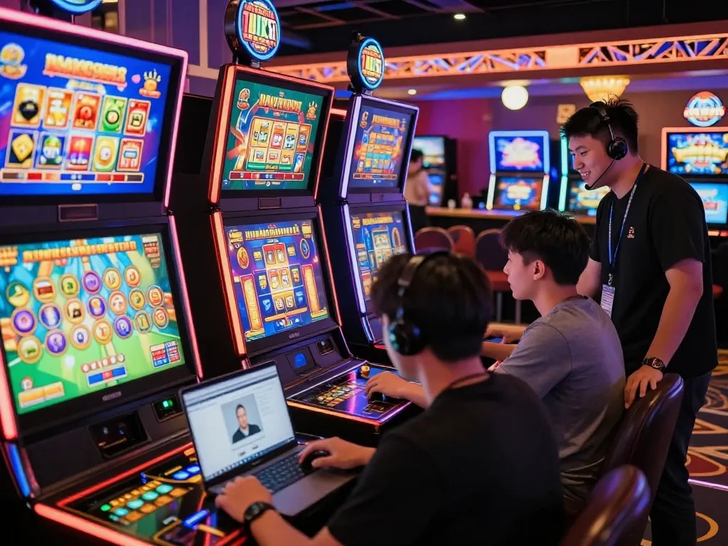 Engaged players at kdslot online gaming platform enjoying vibrant slot machines in a lively casino atmosphere.