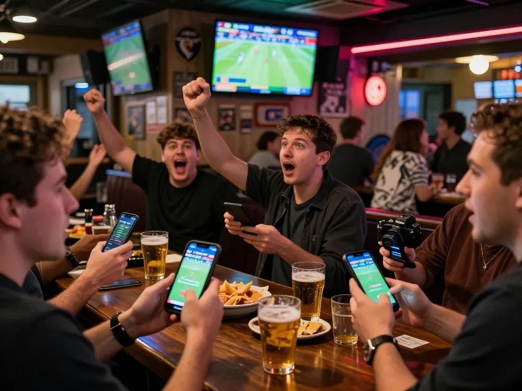 Patrons engaging in sports betting using the debet app in a lively bar atmosphere.