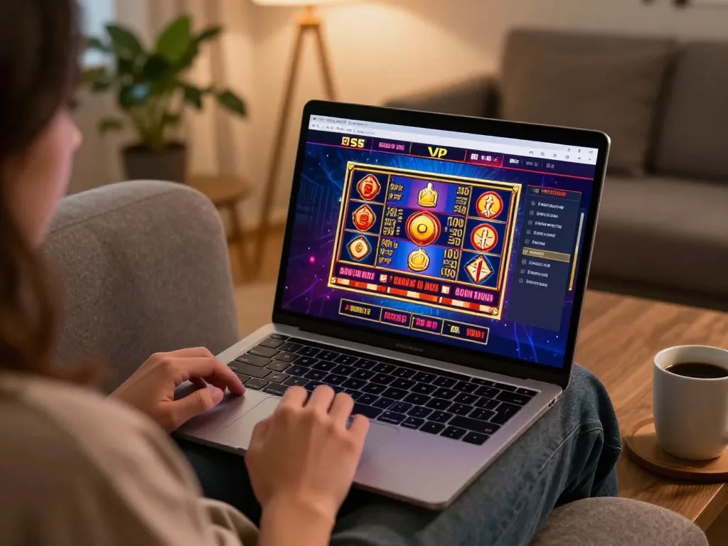 Engaging U888 online gaming experience with vibrant slots on a laptop in a cozy setting.