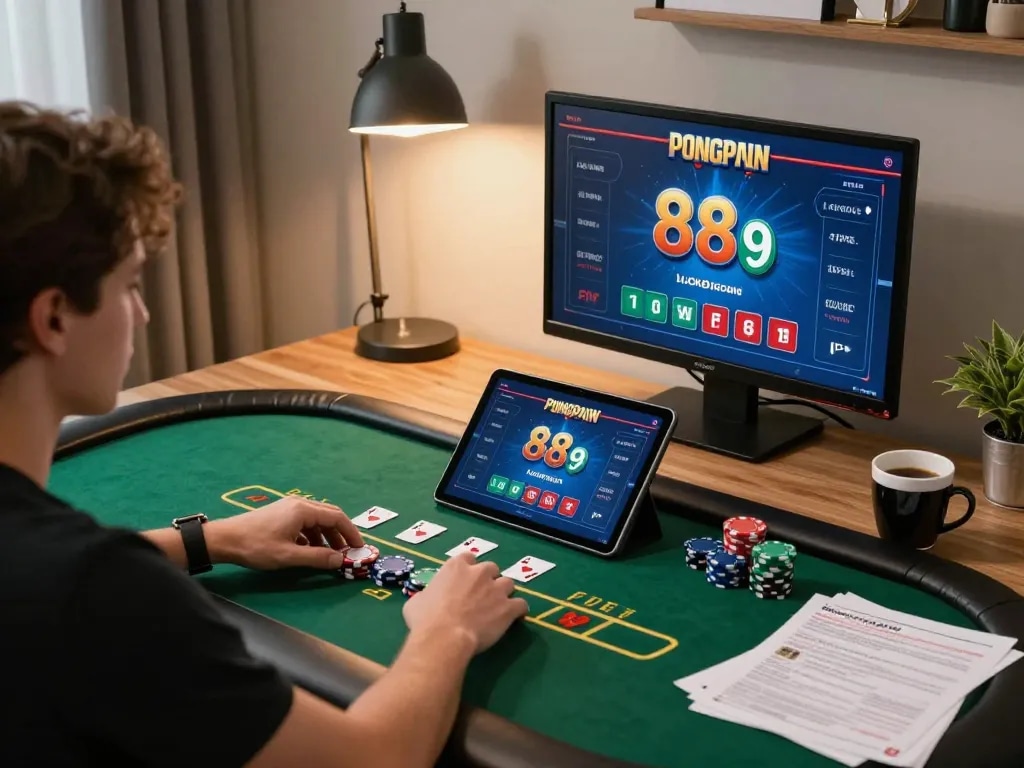 Player enjoying live dealer blackjack on luck88com tablet at stylish home office
