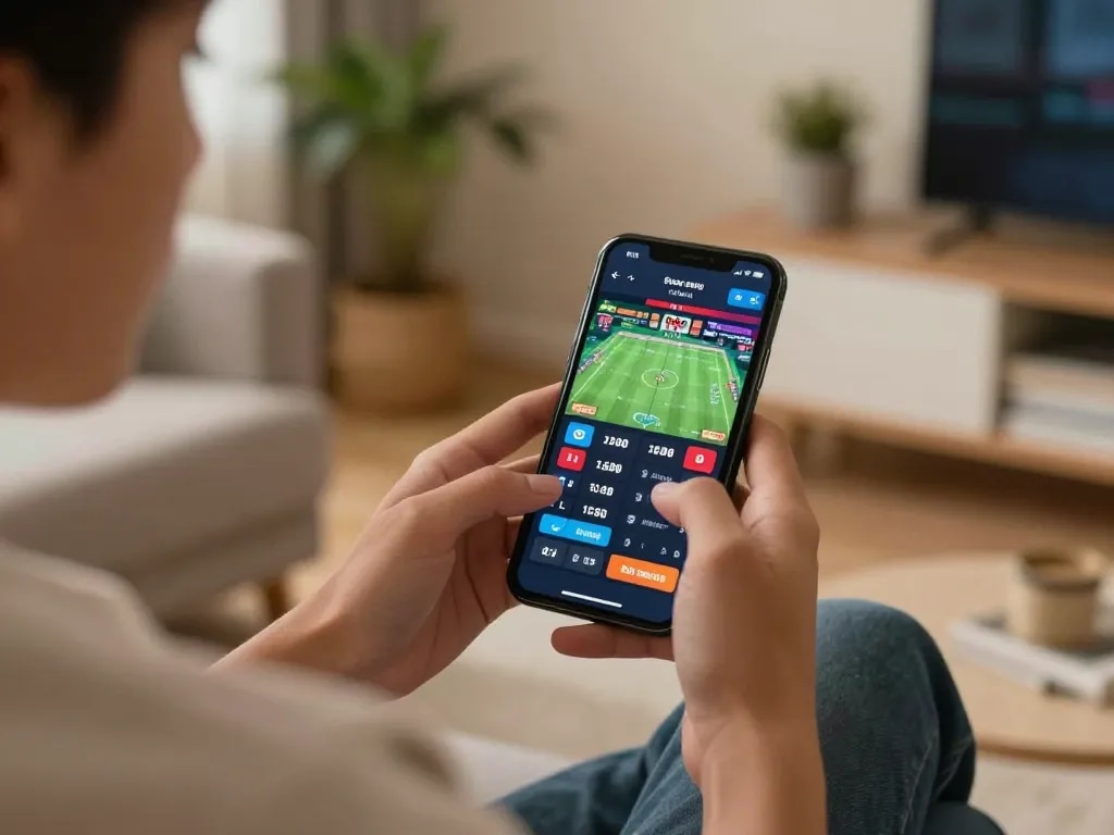 Engaged at F8BET, a player checks live sports betting odds on their smartphone in a cozy living room.