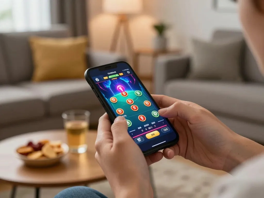 Engaging in litecoin gambling on a smartphone during an exciting gaming session at home.