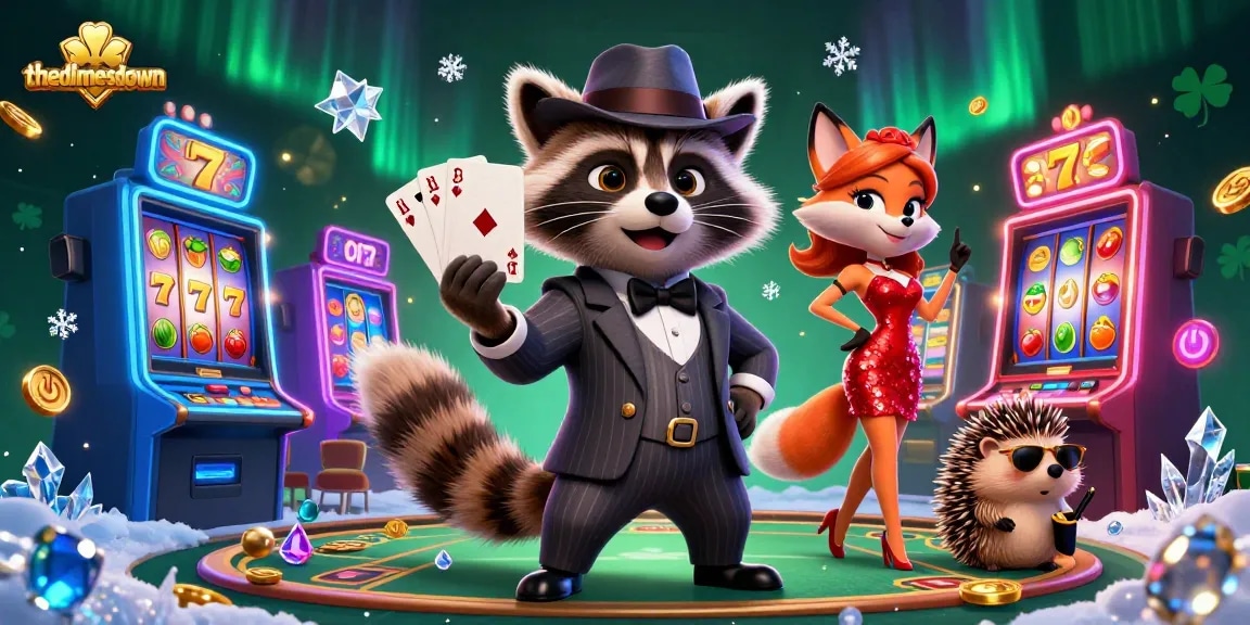 threedimesdown showcases a suave raccoon in a casino, featuring vibrant slot machines and a charming fox lady
