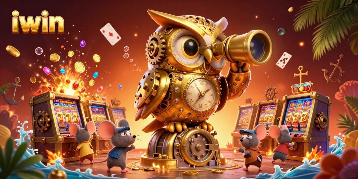 Engage in thrilling slots action with iwin's cartoonish golden owl amidst treasure and vibrant casino elements.