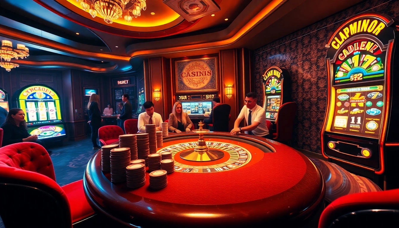B52 casino scene showcasing vibrant slot machines and opulent poker tables filled with action.
