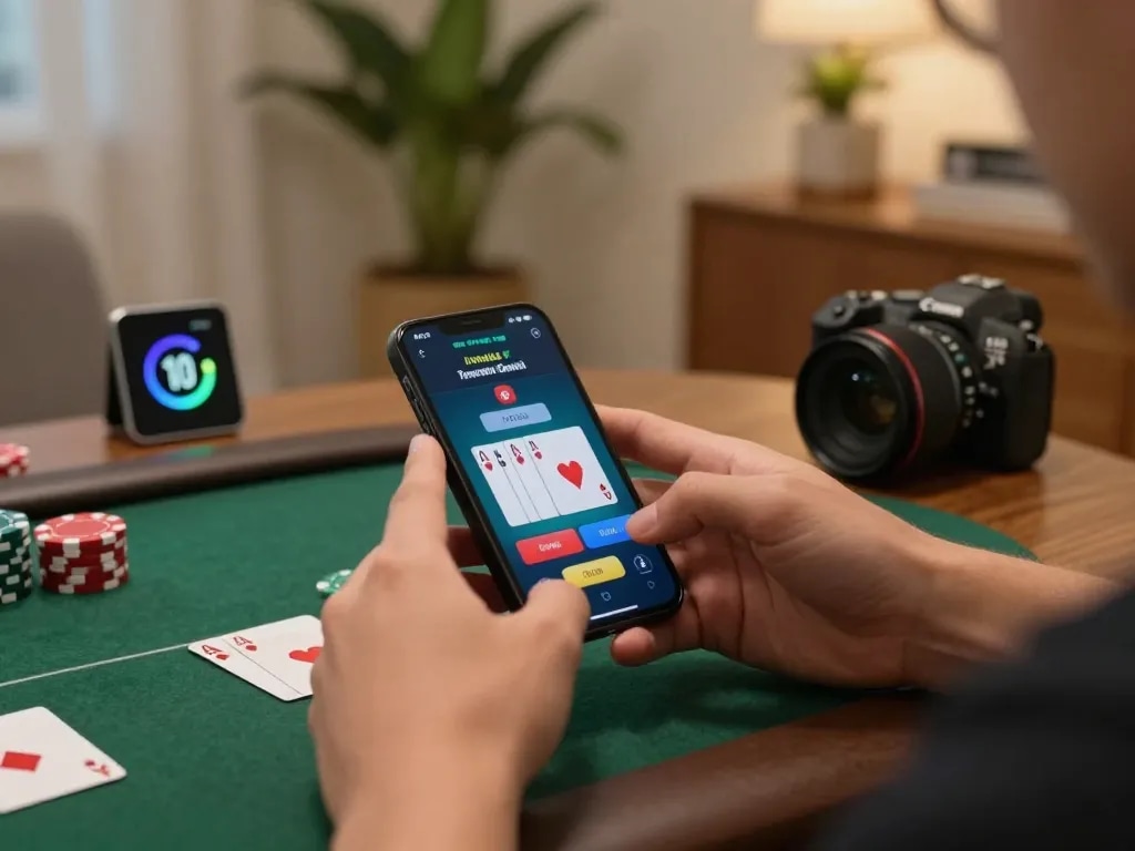 G28 mobile gaming session with poker interface showing exciting gameplay at home