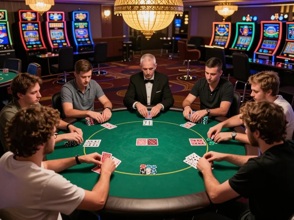 Players engaging in a thrilling poker game, showcasing strategic moments with TT88 chips on a green felt table.