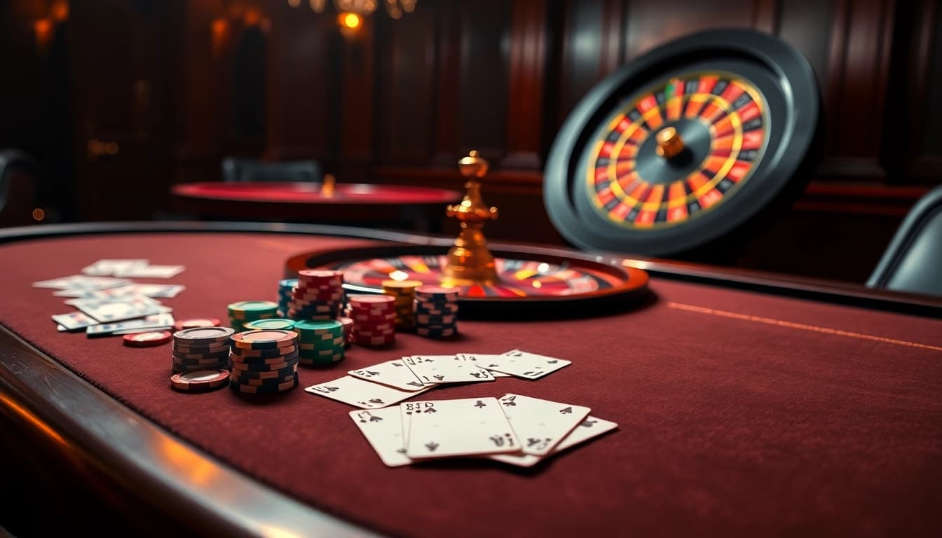 L444 casino table with poker chips and cards, capturing the thrill of online gambling.