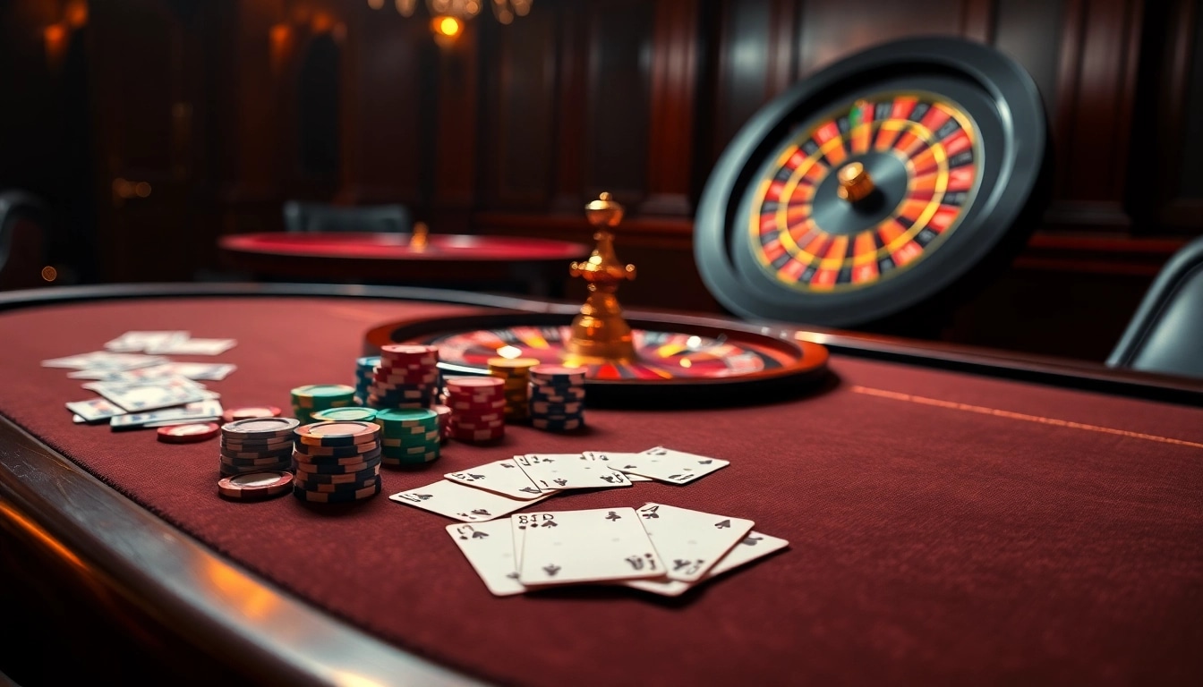L444 casino table with poker chips and cards, capturing the thrill of online gambling.