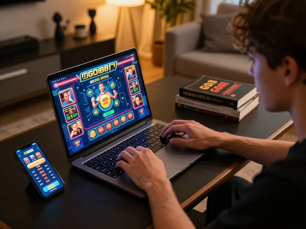 Player engaged in exciting GO88 online gaming on a laptop, showcasing vibrant graphics and a strategic atmosphere