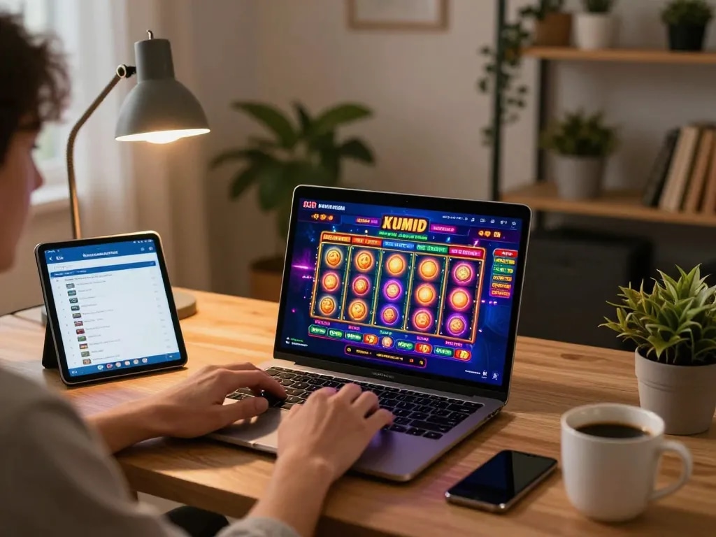 Pemain menikmati slot online di rumah dengan jus77, menampilkan antarmuka permainan yang menarik dan suasana yang nyaman