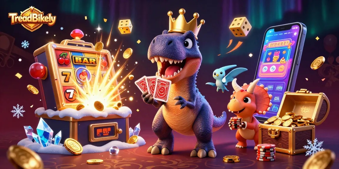TreadBikely showcases a fun casino scene featuring cartoon dinosaurs engaging in gaming adventures with vibrant elements.