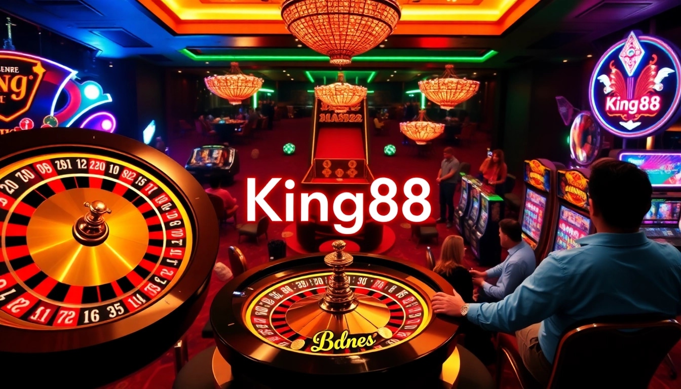 Experience the vibrant excitement of King88 casino gaming with roulette, poker chips, and slot machines.