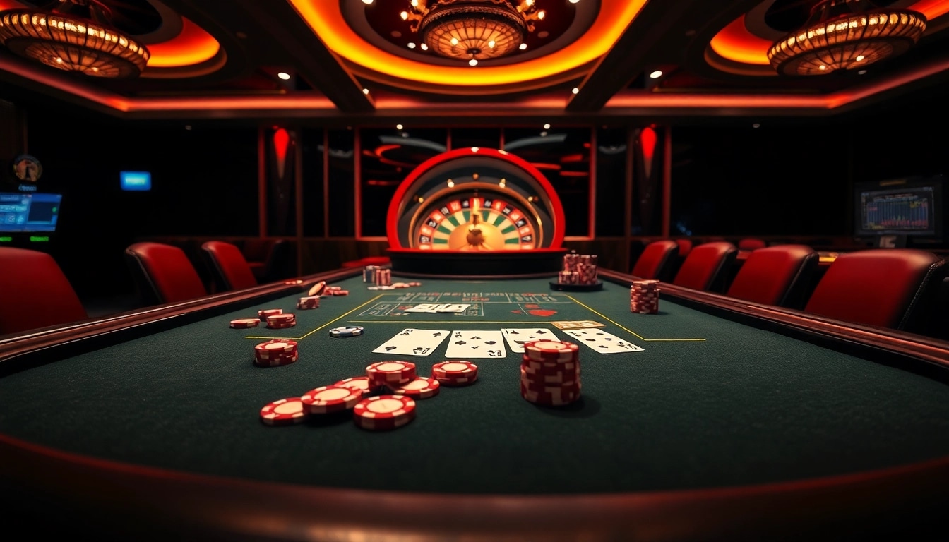 Exciting gaming scene at nhà cái lc88 with poker chips, cards, and a roulette wheel.