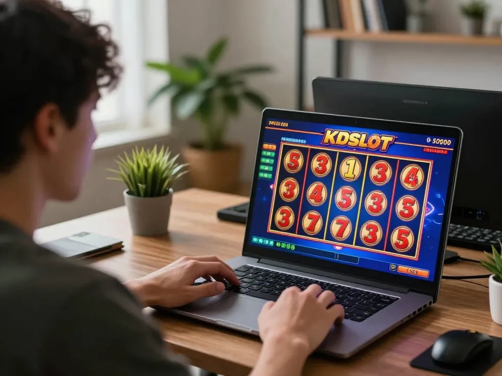 Enjoying a thrilling kdslot gameplay session on a laptop at home, blending strategy with comfort