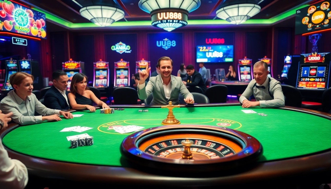Exciting gambling scene at UU88 showcasing poker and roulette, highlighting vibrant casino elements.