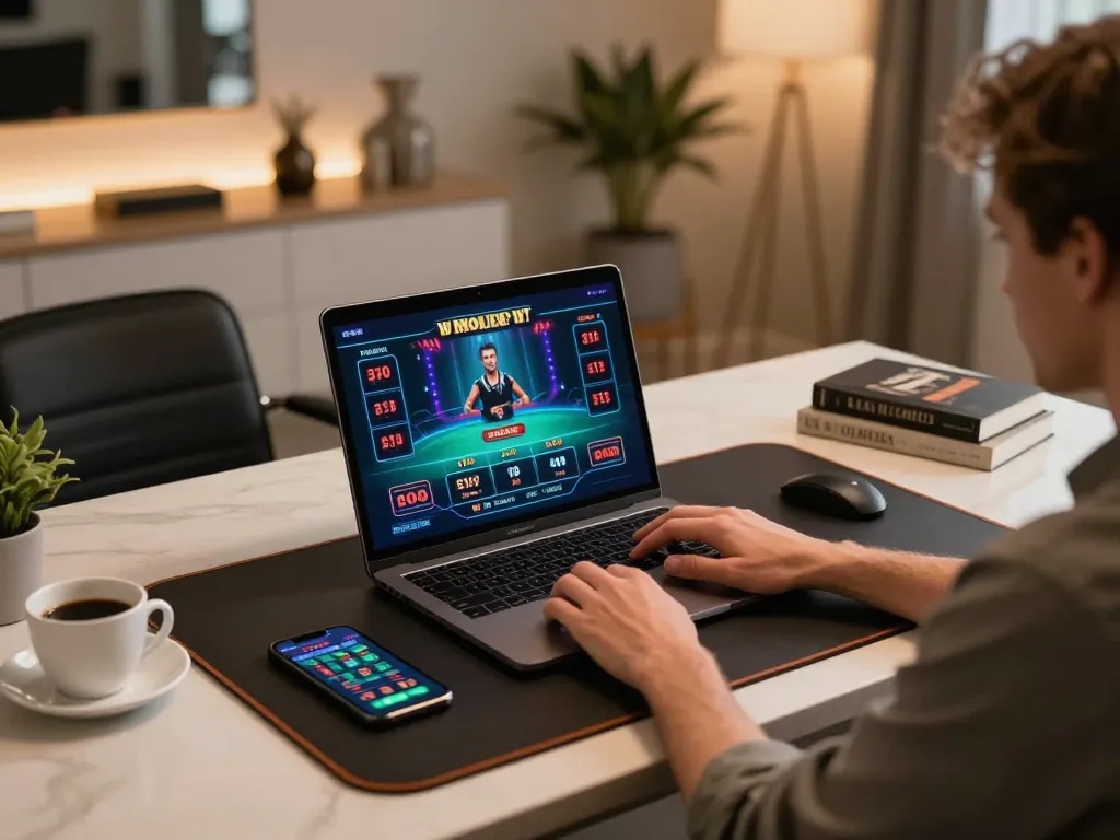 Player engaging in live dealer games on 789P at a modern home desk, showcasing online gambling excitement.