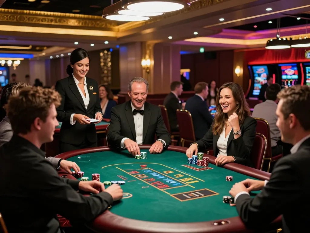 Players engaging in an exciting game of blackjack at May88 live casino, chips and dealer interaction enhancing the atmosphere.