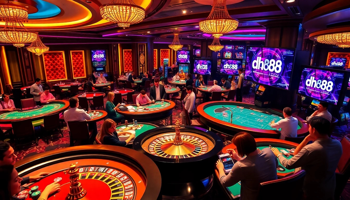 High-stakes gaming at dh88 casino with players engaged in thrilling card games and roulette actions.