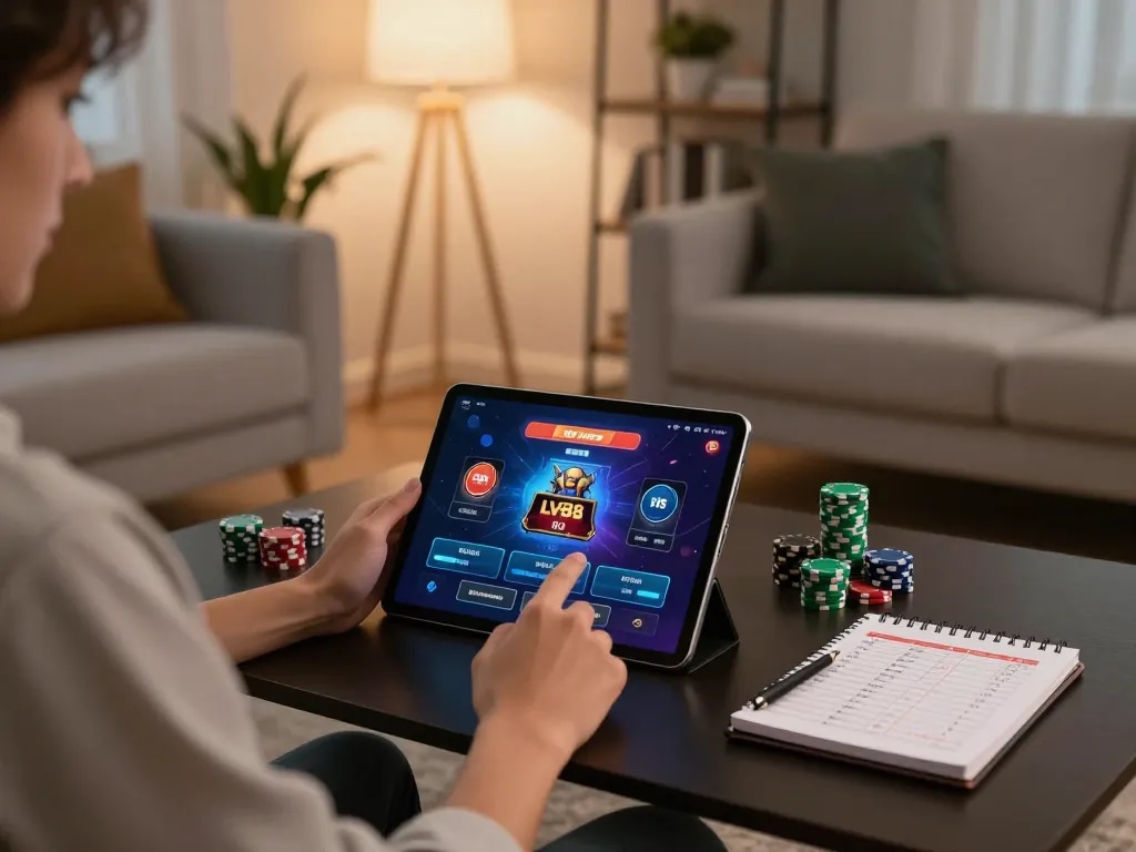 Player enjoying LV88 online casino on a tablet in a cozy living room setting.