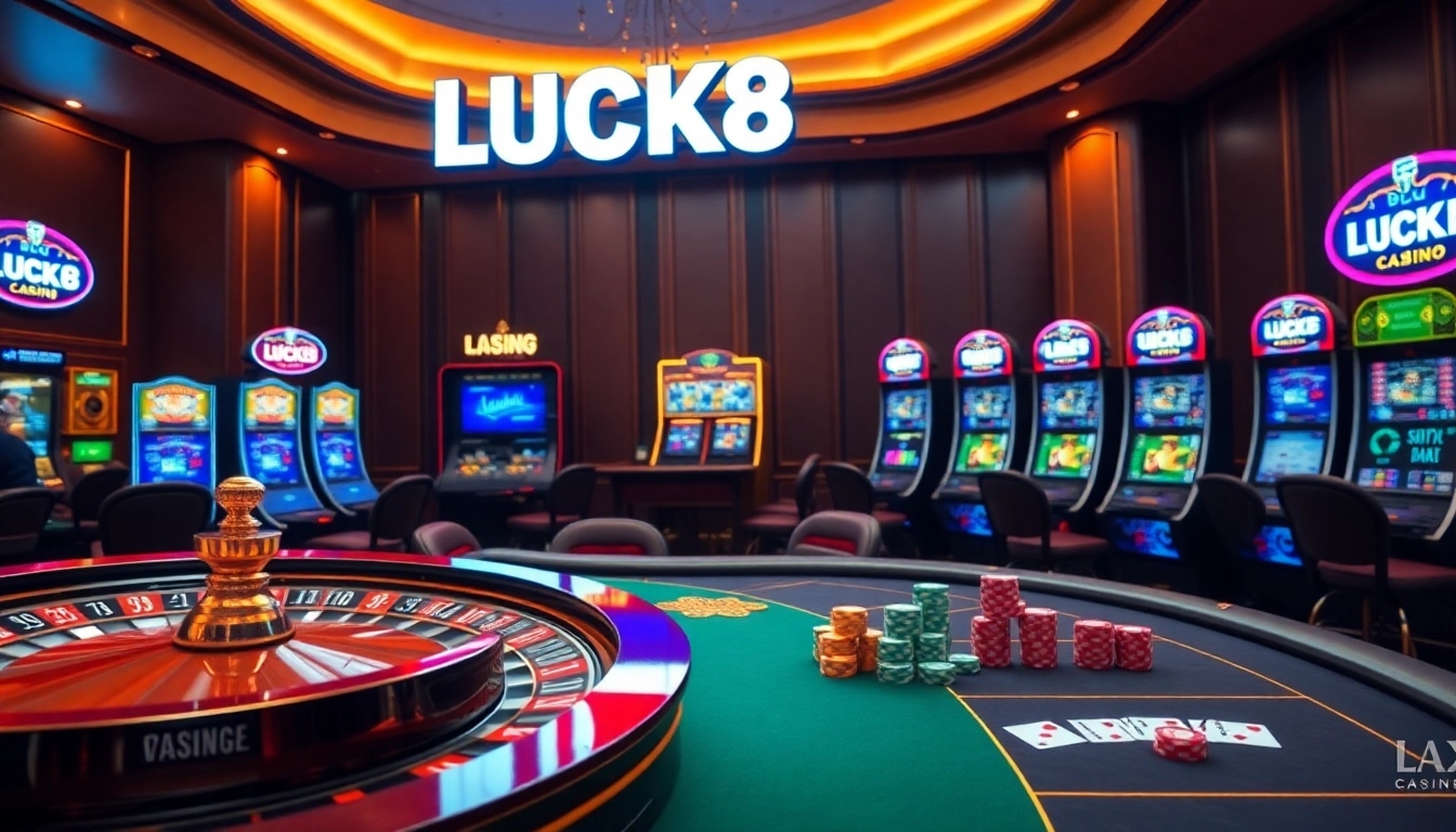 Experience the thrilling atmosphere of LUCK8 casino with luxurious poker tables and vibrant slot machines.