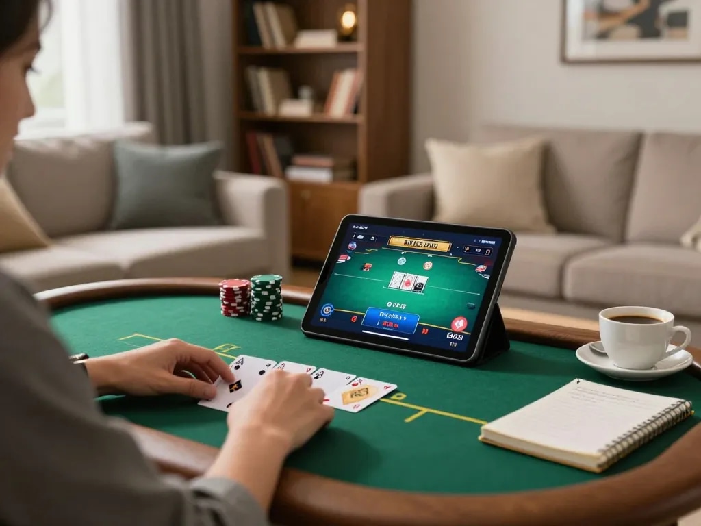 Luck8 player engaged in online poker game, enjoying strategic moments in cozy home setting.