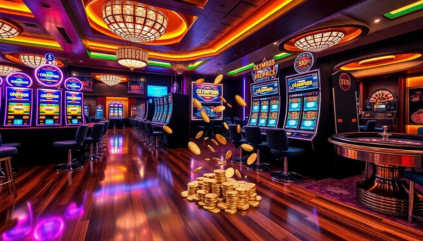 Experience thrill with slot OLYMPUS88 as gamers celebrate big wins in a luxurious casino.